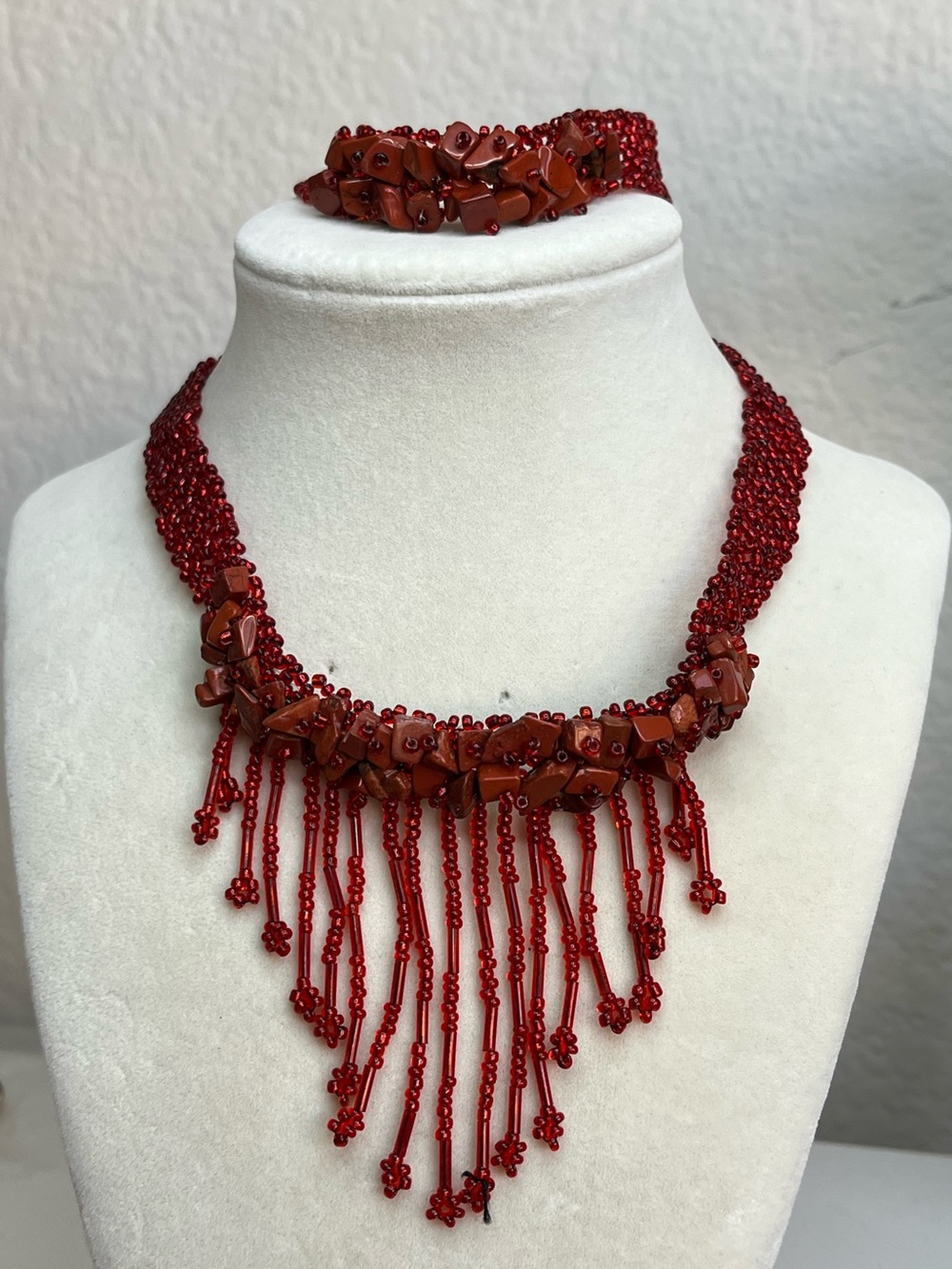 Vintage Dangle Collar Red Seed Bead Beaded Necklace And Bracelet Set Red Stone